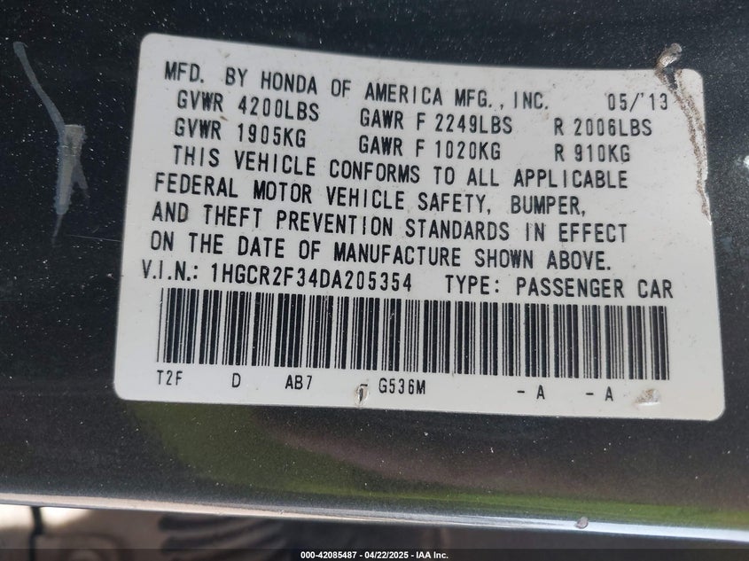2013 HONDA ACCORD VIN: 1HGCR2F34DA205354