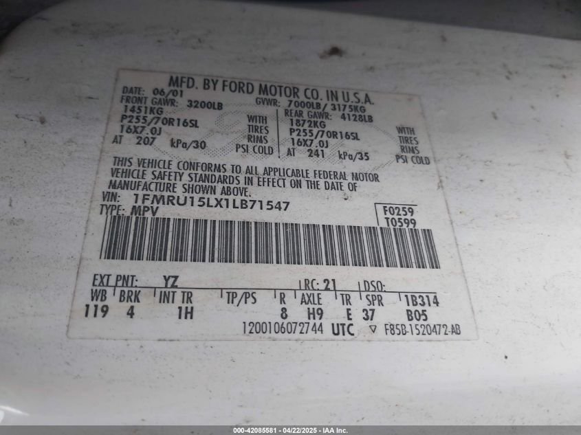 2001 Ford Expedition Xlt VIN: 1FMRU15LX1LB71547 Lot: 42085581