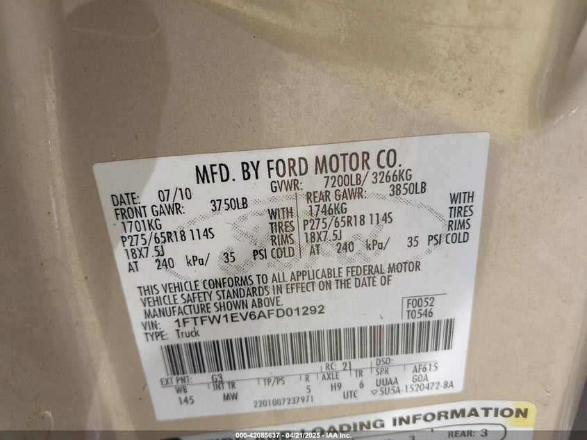2010 FORD F-150 VIN: 1FTFW1EV6AFD01292