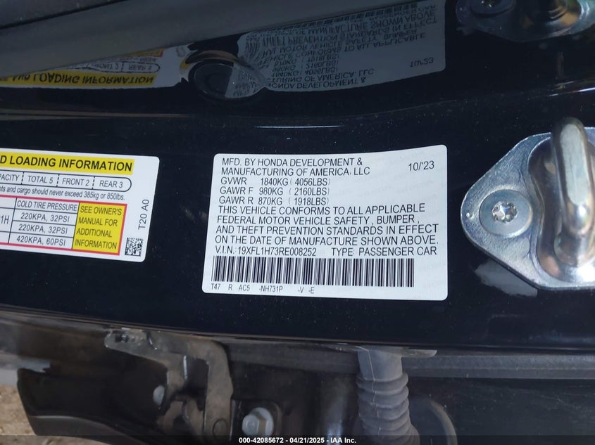 2024 HONDA CIVIC VIN: 19XFL1H73RE008252
