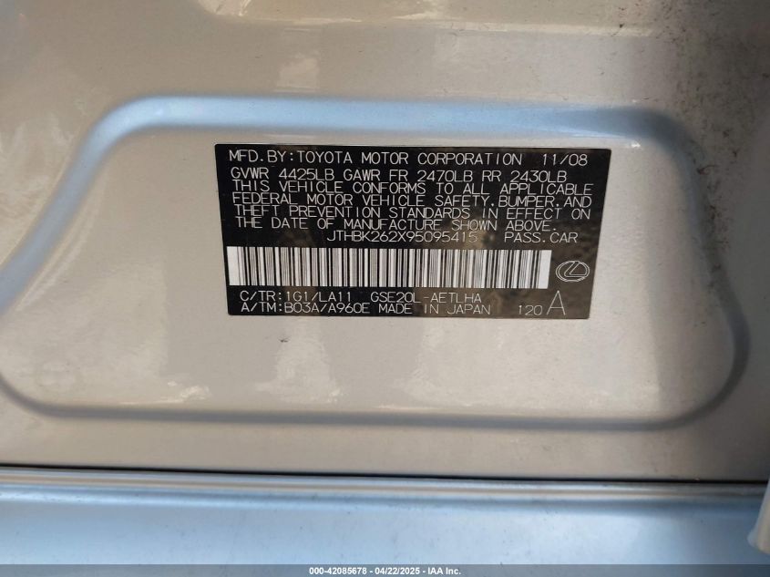 2009 Lexus Is 250 VIN: JTHBK262X95095415 Lot: 42085678