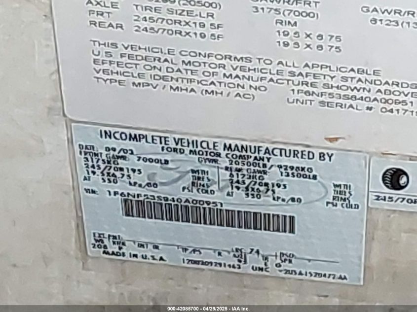 2004 Ford F550 Super Duty Stripped Chass VIN: 1F6NF53S840AD0951 Lot: 42085700