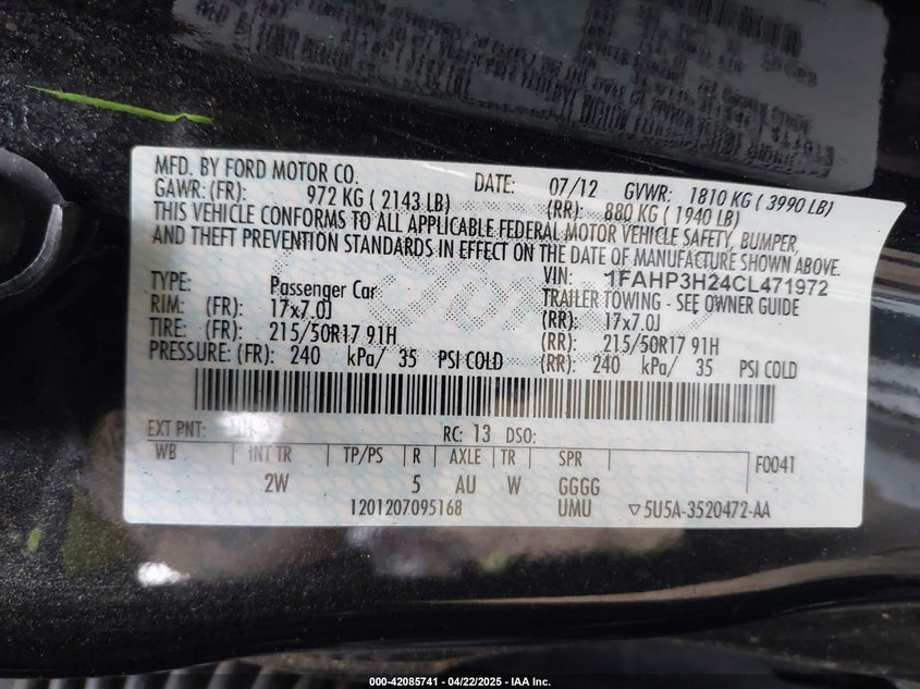 2012 FORD FOCUS VIN: 1FAHP3H24CL471972