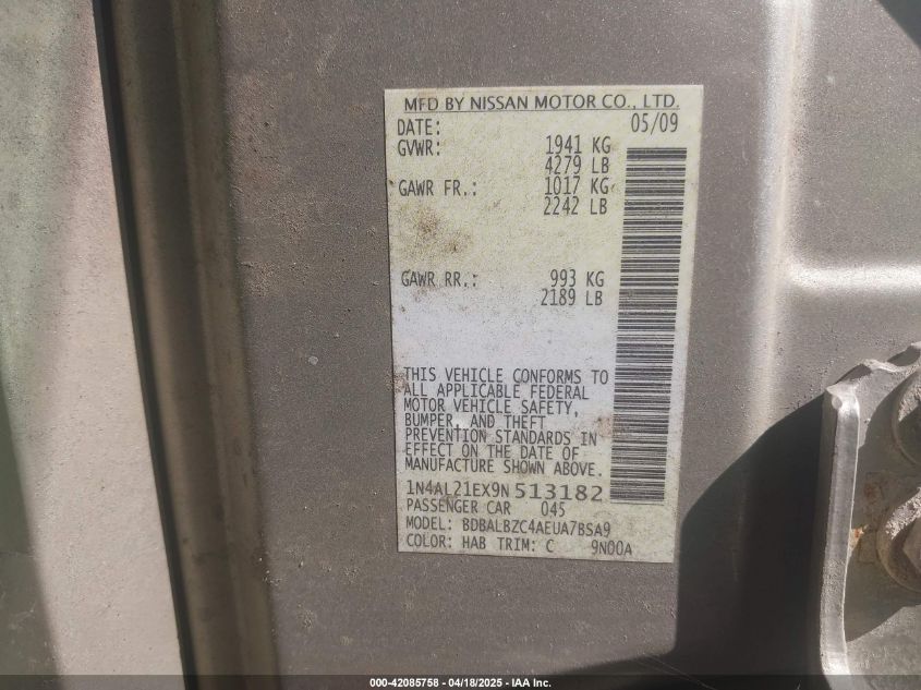 2009 Nissan Altima 2.5 S VIN: 1N4AL21EX9N513182 Lot: 42085758