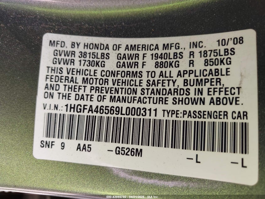 2009 HONDA CIVIC VIN: 1HGFA46569L000311