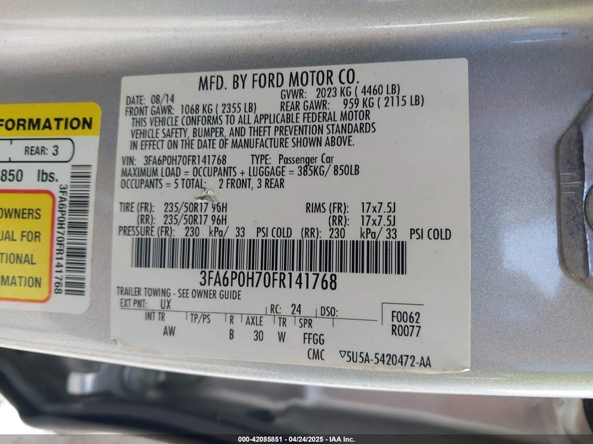 2015 FORD FUSION VIN: 3FA6P0H70FR141768