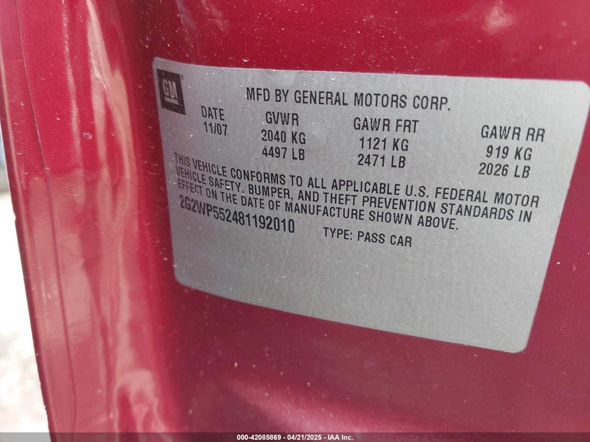 2008 Pontiac Grand Prix VIN: 2G2WP552481192010 Lot: 42085869