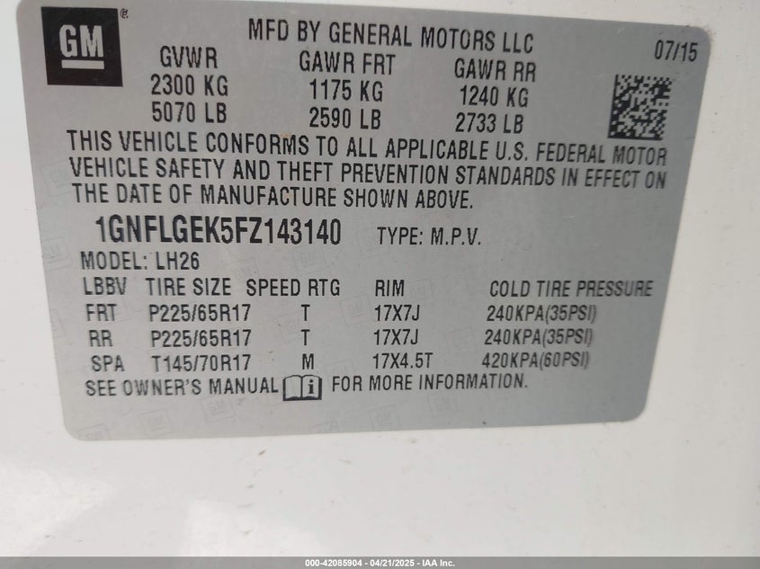 2015 CHEVROLET EQUINOX VIN: 1GNFLGEK5FZ143140