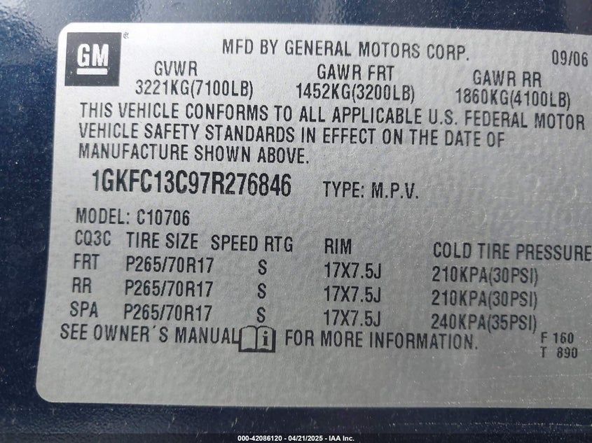 2007 GMC YUKON VIN: 1GKFC13C97R276846