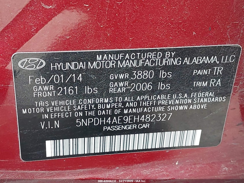 2014 HYUNDAI ELANTRA VIN: 5NPDH4AE9EH482327