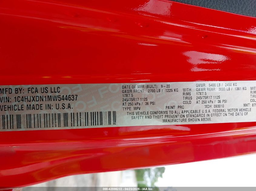 2021 Jeep Wrangler Unlimited Sport S 4X4 VIN: 1C4HJXDN1MW544637 Lot: 42086233