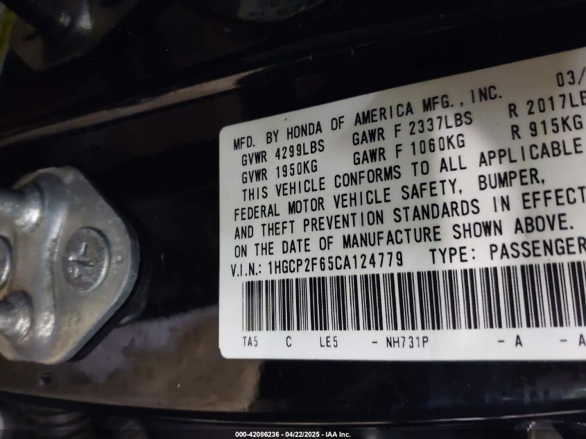 2012 Honda Accord 2.4 Se VIN: 1HGCP2F65CA124779 Lot: 42086236