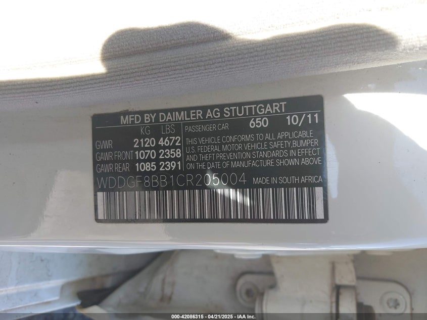 2012 MERCEDES-BENZ C 300 VIN: WDDGF8BB1CR205004