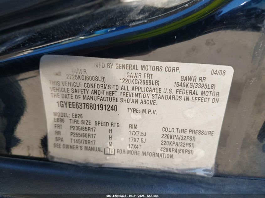 2008 Cadillac Srx V6 VIN: 1GYEE637680191240 Lot: 42086335