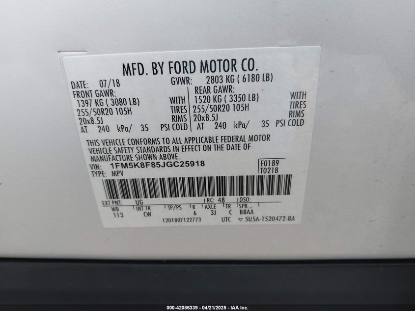 2018 FORD EXPLORER LIMITED - 1FM5K8F85JGC25918