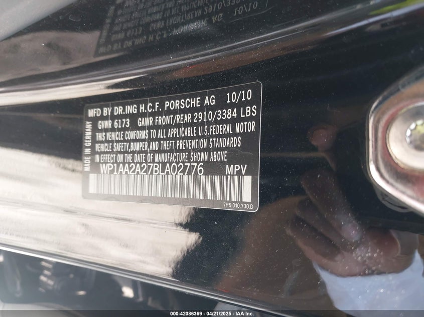 2011 PORSCHE CAYENNE VIN: WP1AA2A27BLA02776