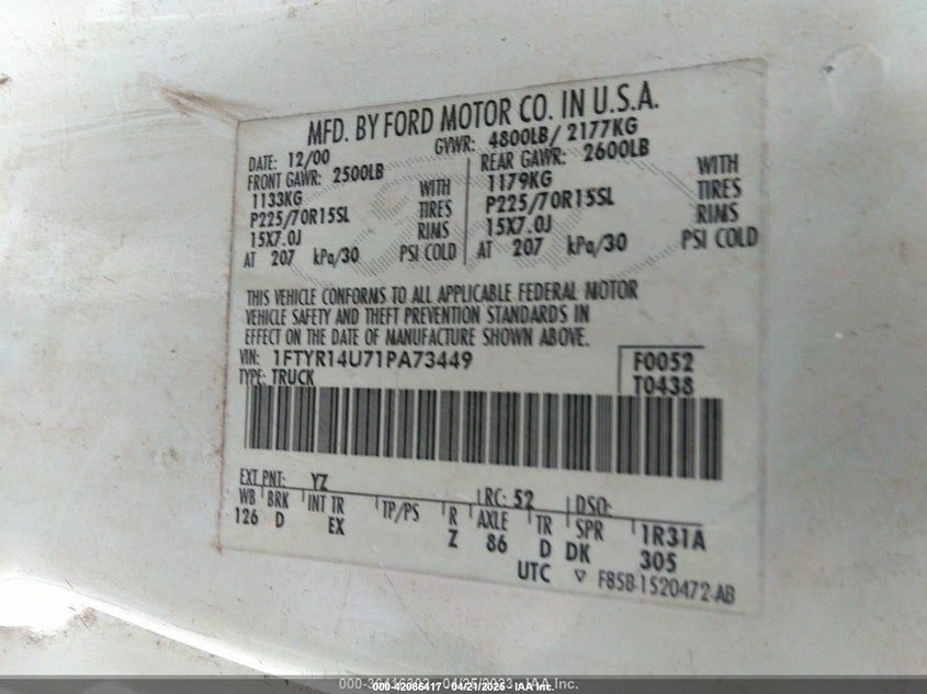 2001 Ford Ranger Edge/Edge Plus/Xl/Xlt/Xlt App/Xlt Appearance VIN: 1FTYR14U71PA73449 Lot: 42086417