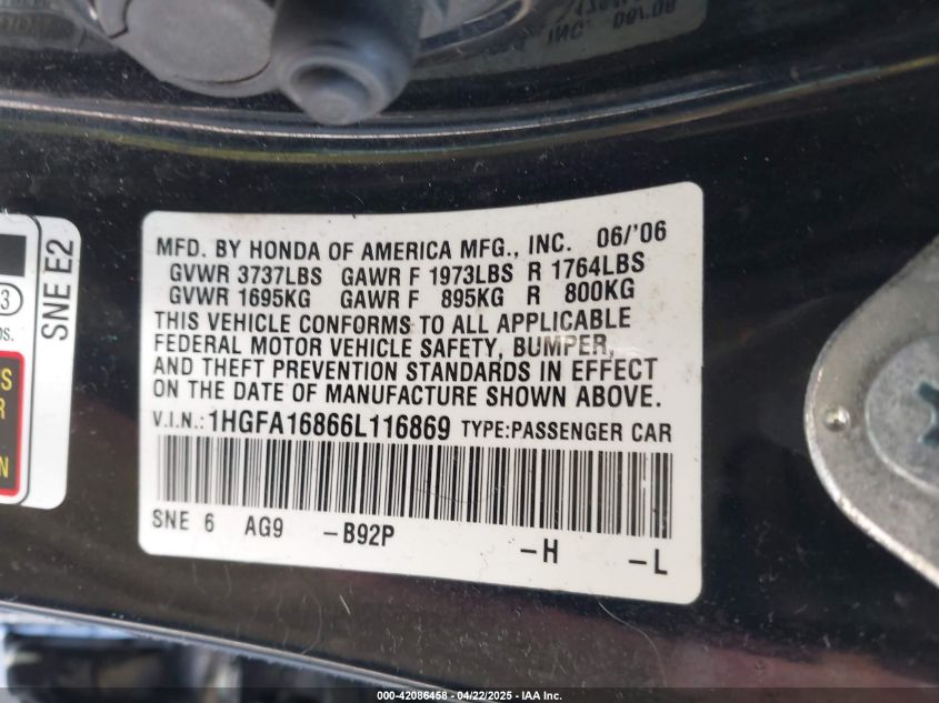 2006 Honda Civic Ex VIN: 1HGFA16866L116869 Lot: 42086458