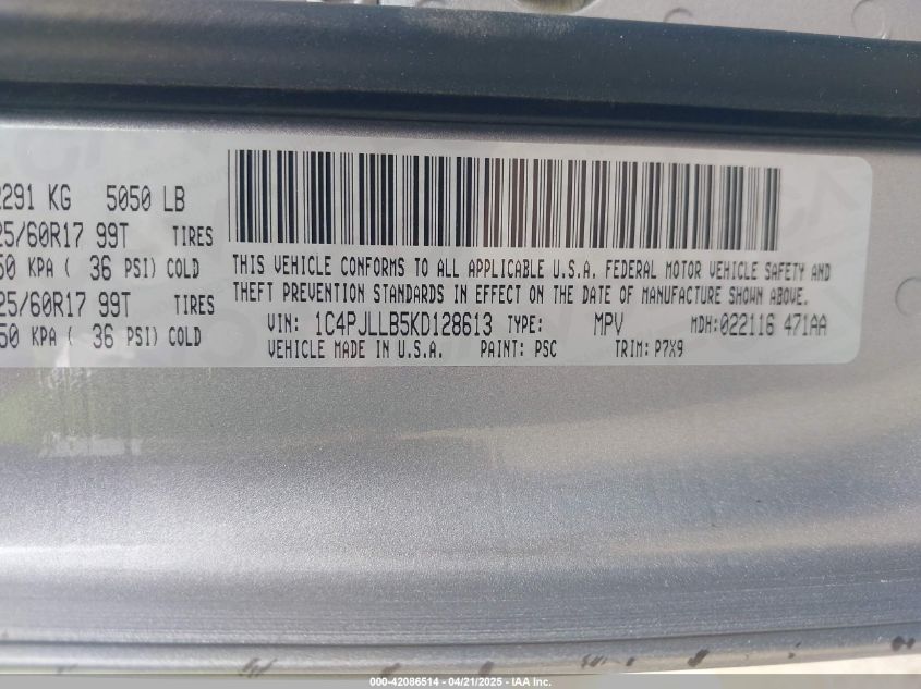 2019 Jeep Cherokee Latitude Plus Fwd VIN: 1C4PJLLB5KD128613 Lot: 42086514