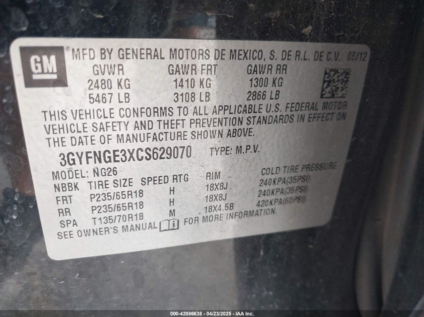 2012 Cadillac Srx Standard VIN: 3GYFNGE3XCS629070 Lot: 42086638