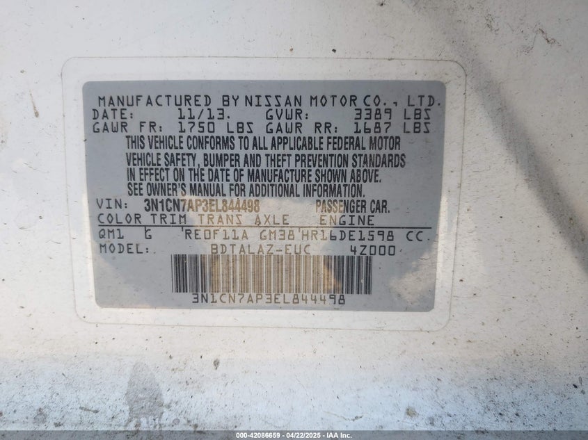 2014 NISSAN VERSA VIN: 3N1CN7AP3EL844498