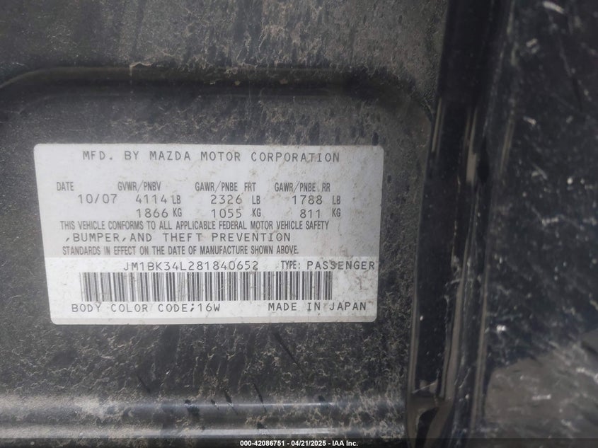 2008 MAZDA SPEED VIN: JM1BK34L281840652