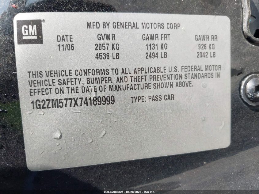 2007 Pontiac G6 Gtp VIN: 1G2ZM577X74189999 Lot: 42086821