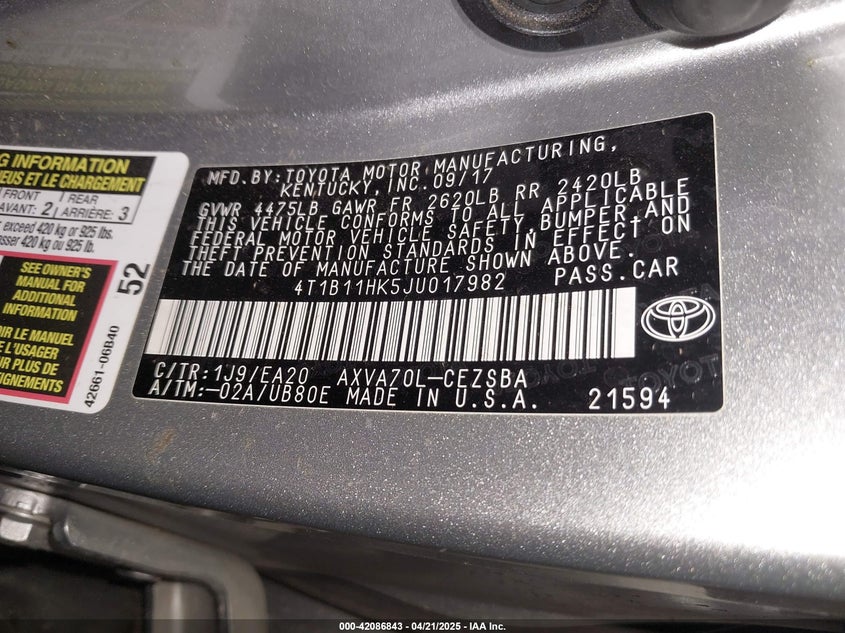 2018 TOYOTA CAMRY VIN: 4T1B11HK5JU017982