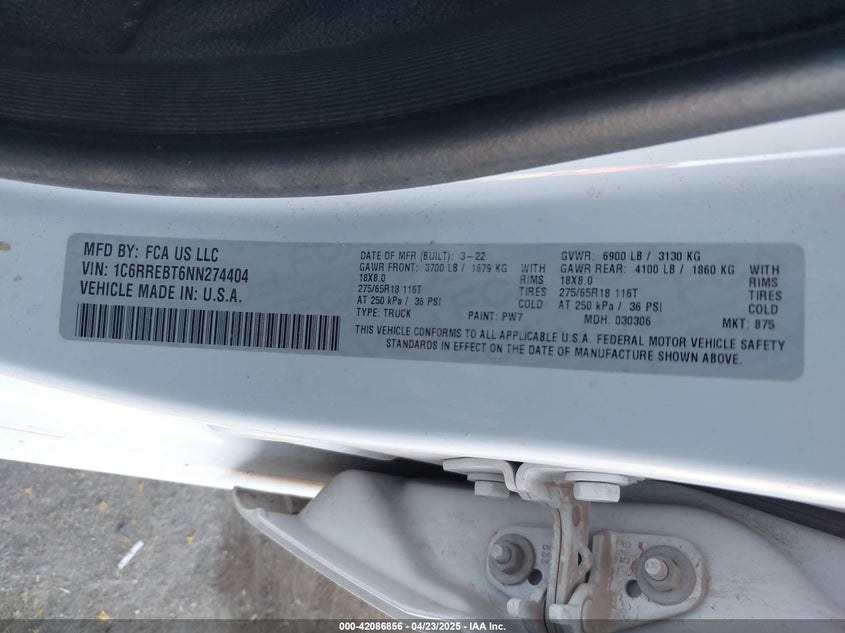 2022 RAM 1500 5.7L V-8 VVT, 395HP(VIN: 1C6RREBT6NN274404