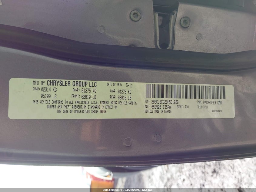 2011 Dodge Charger VIN: 2B3CL3CG2BH59102 Lot: 42086881