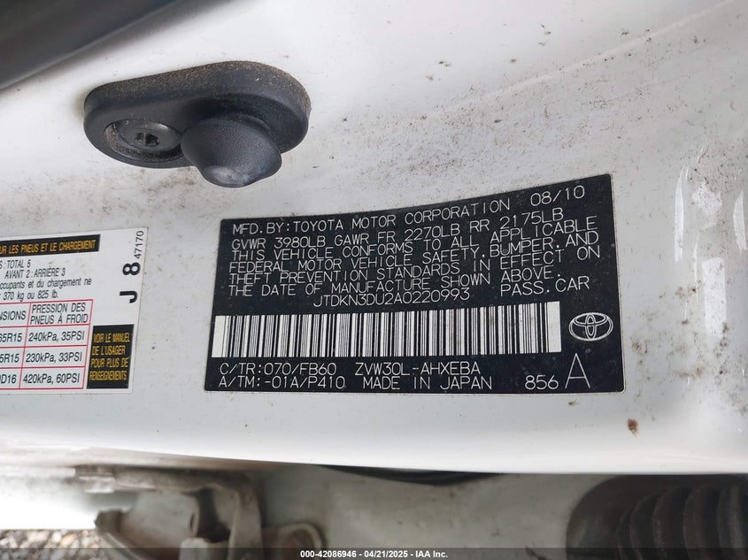 2010 TOYOTA PRIUS VIN: JTDKN3DU2A0220993