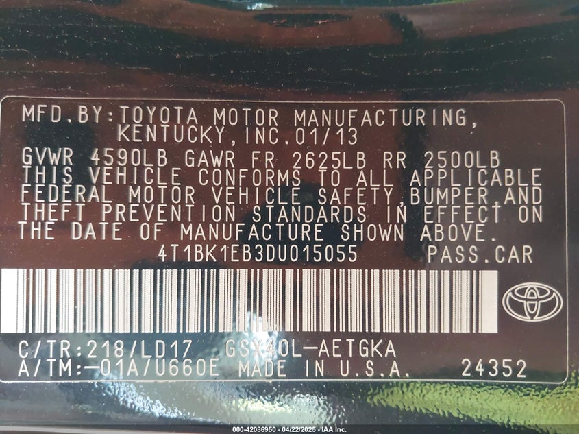 2013 TOYOTA AVALON VIN: 4T1BK1EB3DU015055