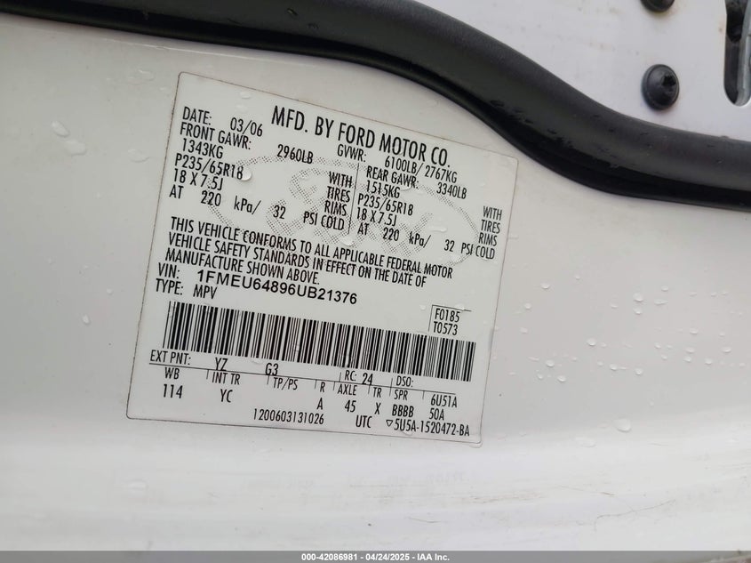 2006 FORD EXPLORER VIN: 1FMEU64896UB21376