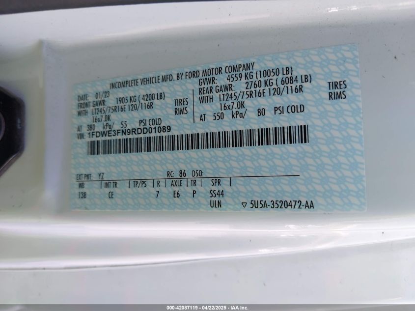 2024 Ford E-350 Cutaway VIN: 1FDWE3FN9RDD01089 Lot: 42087119