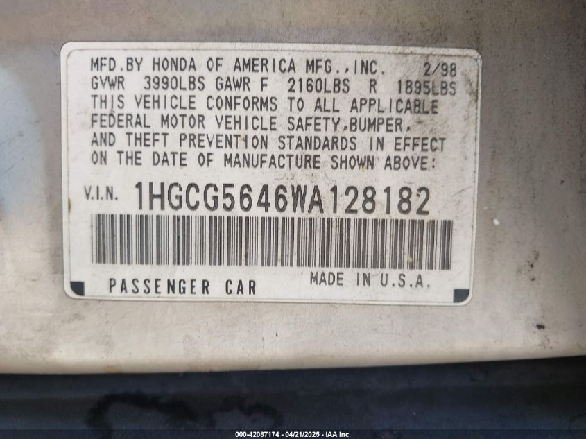 1998 Honda Accord Lx VIN: 1HGCG5646WA128182 Lot: 42087174