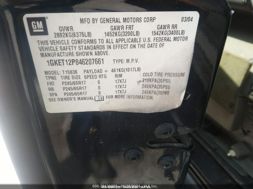 2004 GMC Envoy Xuv Slt VIN: 1GKET12P846207661 Lot: 42087200