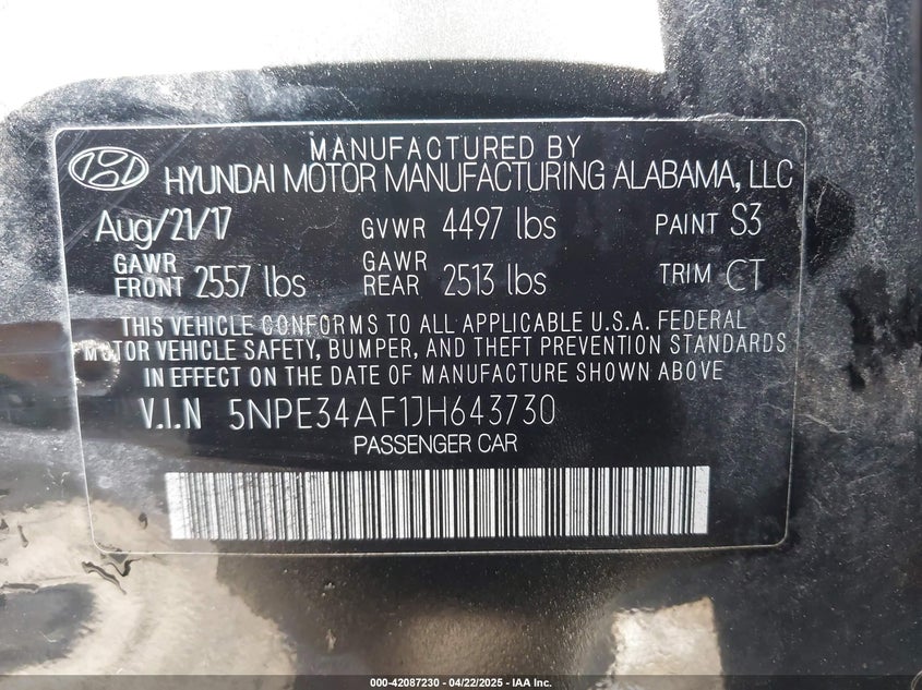 2018 HYUNDAI SONATA VIN: 5NPE34AF1JH643730
