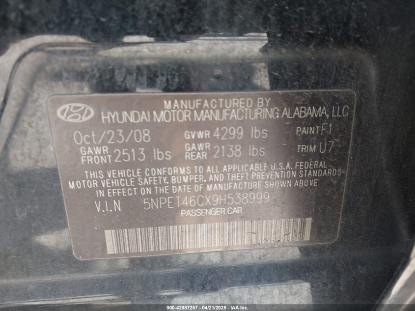 2009 HYUNDAI SONATA VIN: 5NPET46CX9H538999