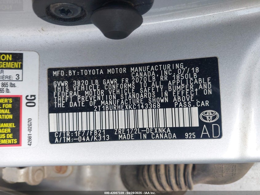 2019 TOYOTA COROLLA VIN: 2T1BURHEXKC143368