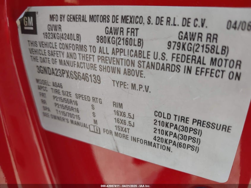 2006 CHEVROLET HHR VIN: 3GNDA23PX6S646139