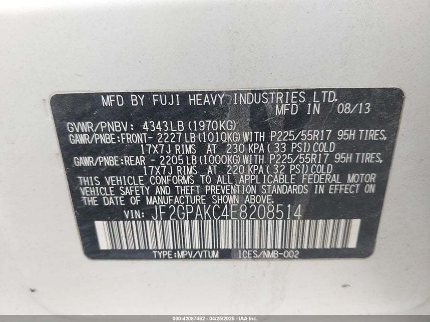 2014 SUBARU XV CROSSTREK VIN: JF2GPAKC4E8208514