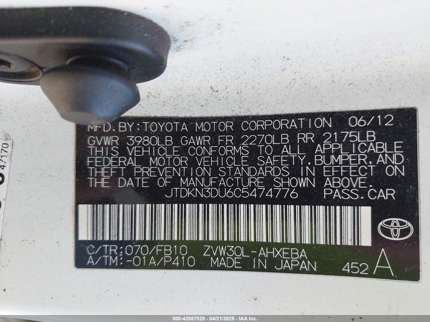 2012 TOYOTA PRIUS VIN: JTDKN3DU6C5474776
