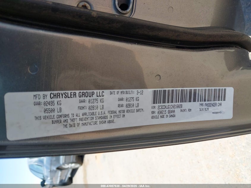 2012 DODGE CHARGER VIN: 2C3CDXJG1CH216028