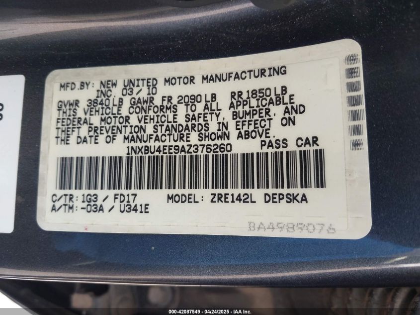 2010 Toyota Corolla S VIN: 1NXBU4EE9AZ376260 Lot: 42087549