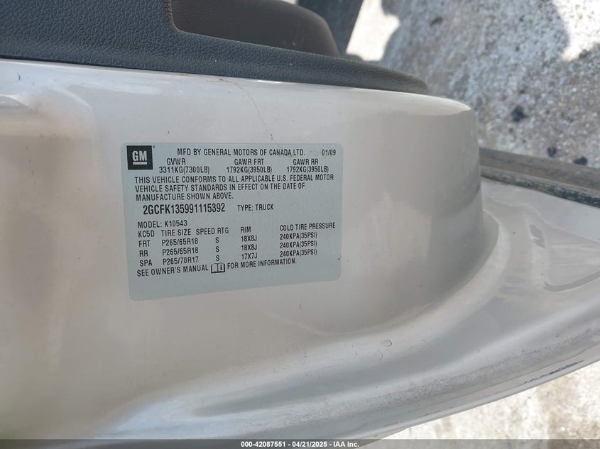 2009 CHEVROLET SILVERADO 1500 HYBRID VIN: 2GCFK135991115392