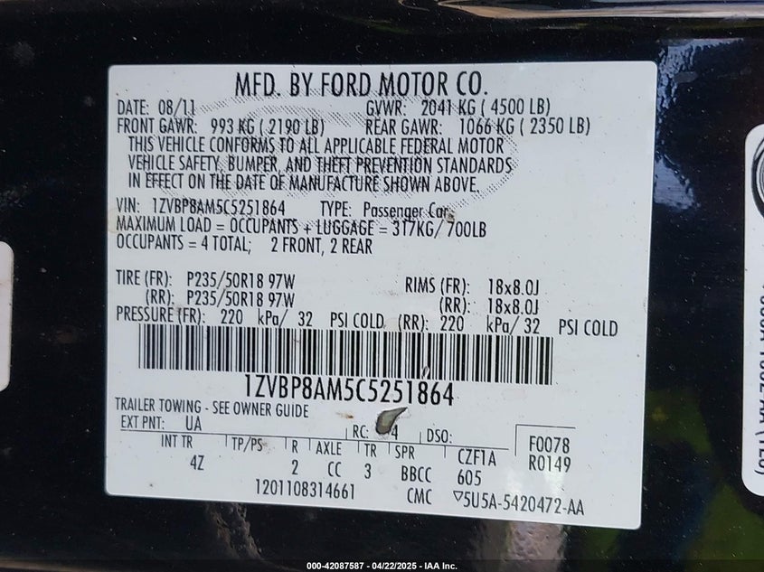 2012 FORD MUSTANG VIN: 1ZVBP8AM5C5251864