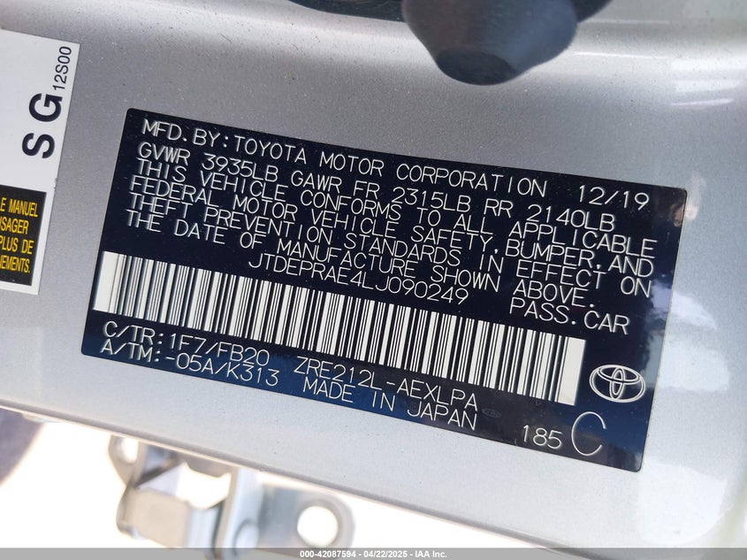 2020 TOYOTA COROLLA LE - JTDEPRAE4LJ090249