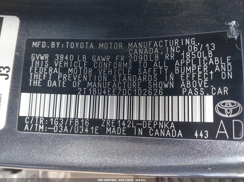 2013 TOYOTA COROLLA LE - 2T1BU4EE7DC102626