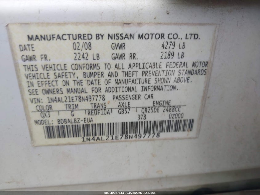 2008 NISSAN ALTIMA VIN: 1N4AL21E78N497778