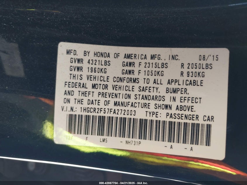 2015 HONDA ACCORD VIN: 1HGCR2F57FA272003